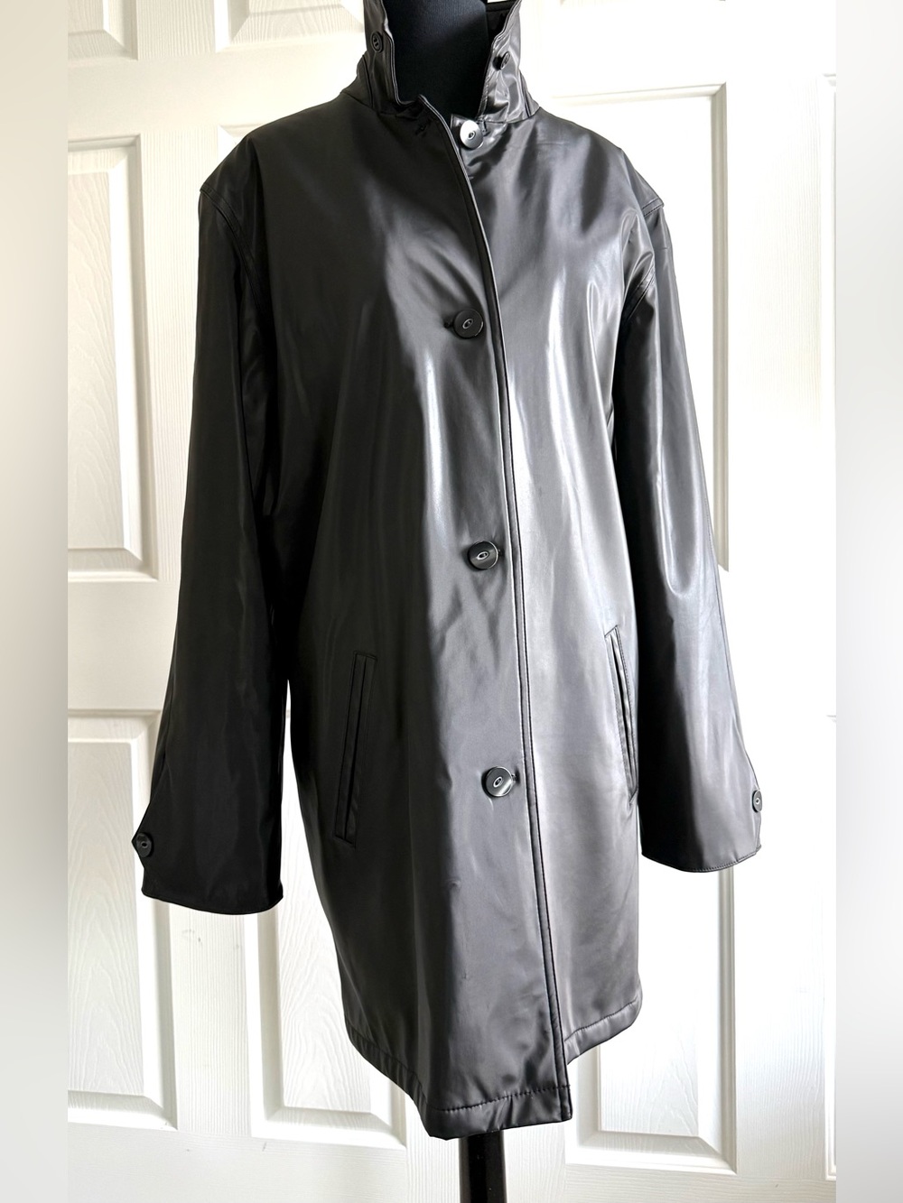 Signature Black Rubberized-Textured Button-Front Coat